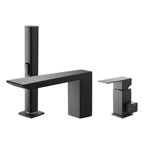 KFFKFF Roman Tub Faucet, 3-Hole Waterfall Bathtub Fixture with Shower Head & Single Handle, Ideal for Bathing and Pet Washing, Matte Black Finish, Durable Stainless Steel Construction
