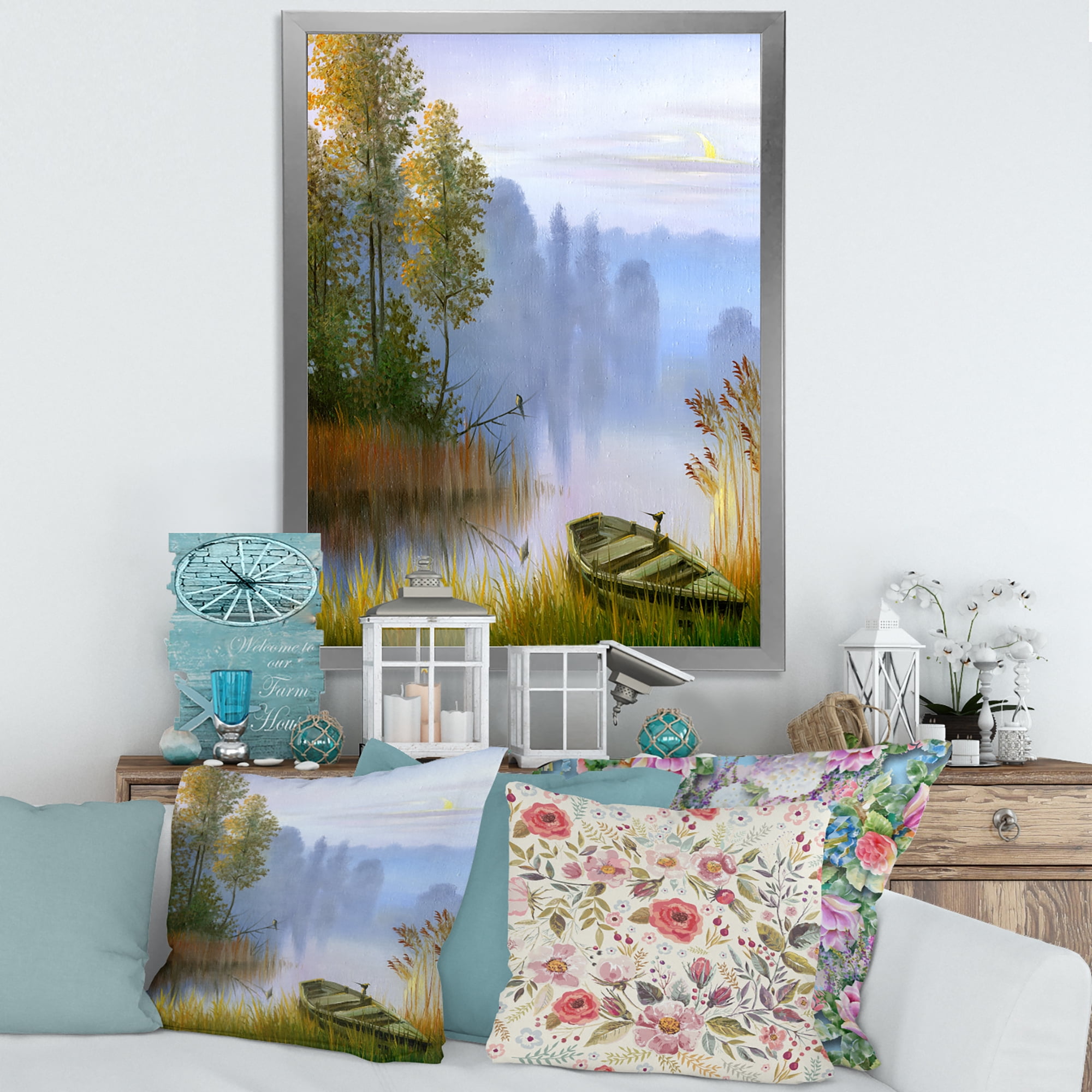 Designart 'The Bank Of The Lake With The Boat' Traditional Framed Art Print