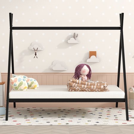 iRerts Metal Full Size House Bed Frame, Kids Full Bed Frame with Metal Slats, Kids Toddlers Tent Bed Frame Full Size for Boys Girls, Full Bed Frame No Box Spring Needed for Bedroom, Black