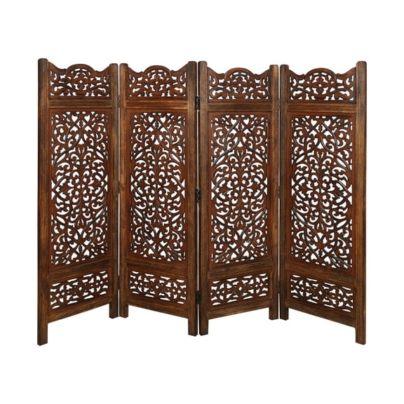 4-Panel Folding Wood Room Divider Screen - Antique Burnt Standard, 64x54, Hand-Carved Floral Design