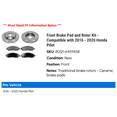 thumbnail image 2 of Front Brake Pad and Rotor Kit - Compatible with 2016 - 2020 Honda Pilot 2017 2018 2019, 2 of 2