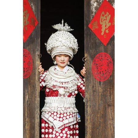 Young Miao Woman Wearing Traditional Costumes and Silver Jewellery, Guizhou, China Print Wall Art By Nadia