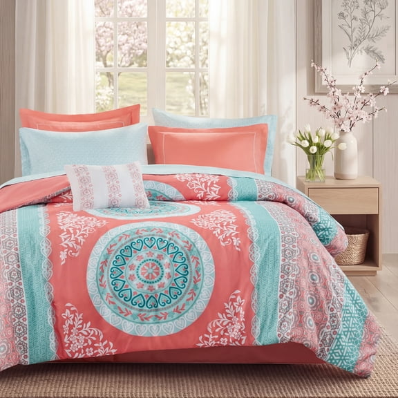 Regency Heights Queen Size Comforter Set, 9-Piece Bed in a Bag Queen, Coral Bedding Sets with Sheets, Bed Skirt for College Dorm
