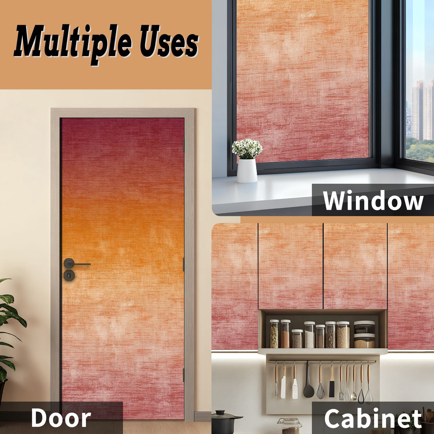 Self Adhesive Vinyl Refrigerator Wrap Set Autumn Grunge Gradient Ombre Orange Red Yellow Abstract Door Mural Removable Fridge Sticker Peel and Stick&nbsp;Full Door Cover Decal Kitchen Bar Decor