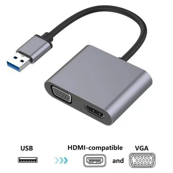 Naierhg USB 3.0 to VGA HDMI-compatible Converter 2 in 1 5Gbps Portable 1080P Video Adapter Cable Computer AccessoriesGrey