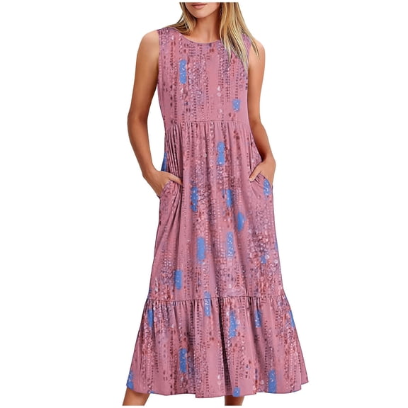 BRGZLK Womens Sundresses for Beach Vacation Round Neck Sleeveless Boho Floral Printed Pleated Long Dress for Spring Summer 2026 Pink S