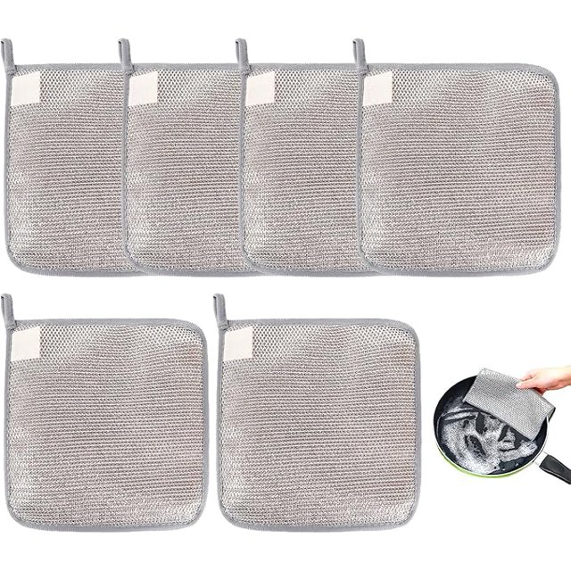 ZYNERY Three Layer Metal Wire Cloth,Reusable Dry and Wet Dual-Purpose dishwashing Cloth, Suitable for cookware, Tableware, Sink, Easy to Rinse (6Pcs)
