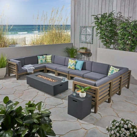 sectional pit fire shaped outdoor sofa wood dark cushions gray piece acacia frankie