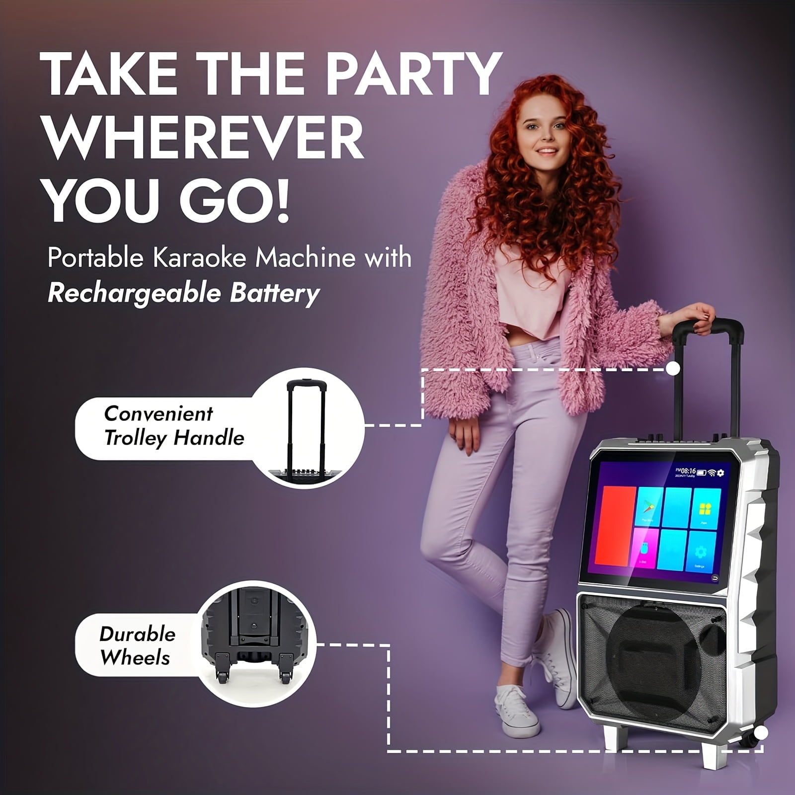Lohoms Portable Karaoke Machine with Lyrics Display Screen, 8" Subwoofer, Built-in Tablet, Rechargeable Wireless Speaker with One Mics & DJ Lights, Gift for Adults, Family & Holiday Parties
