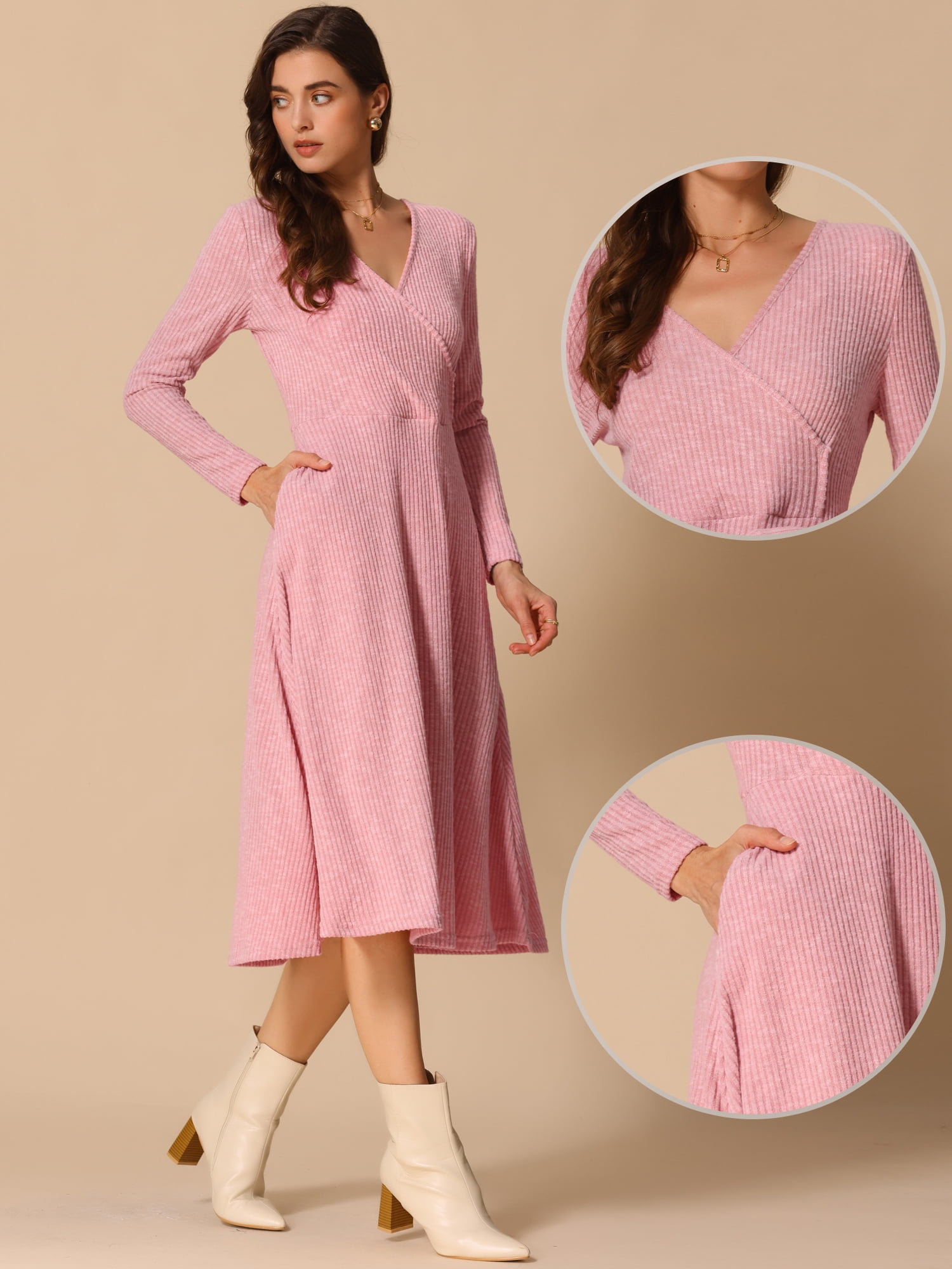 DARING DIVA Knit Ribbed Midi Deep V Wrap A-Line Dress M Pink