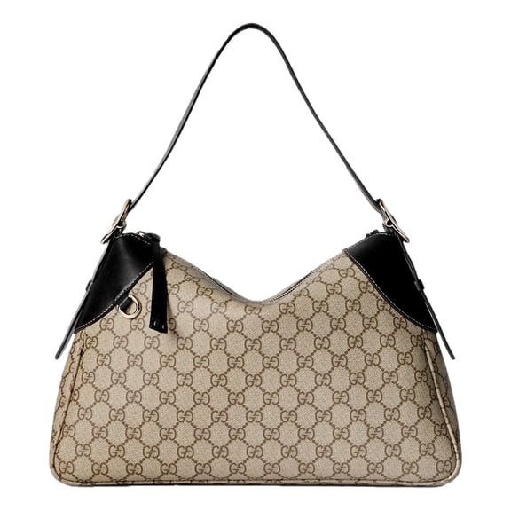 Gucci GG Emblem Supreme Canvas Medium Shoulder Bag Beige Black Leather Trim Italy Designer New