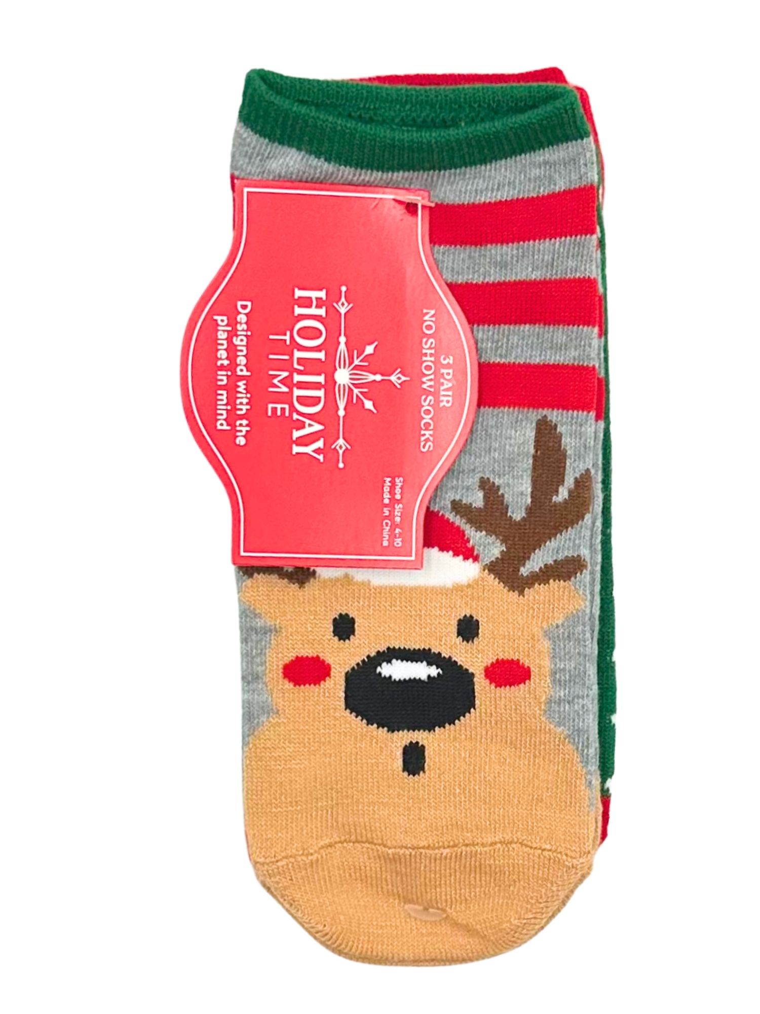 Holiday Time Women's Santa Reindeer No-Show Socks, 3-Pack, Size 4-10