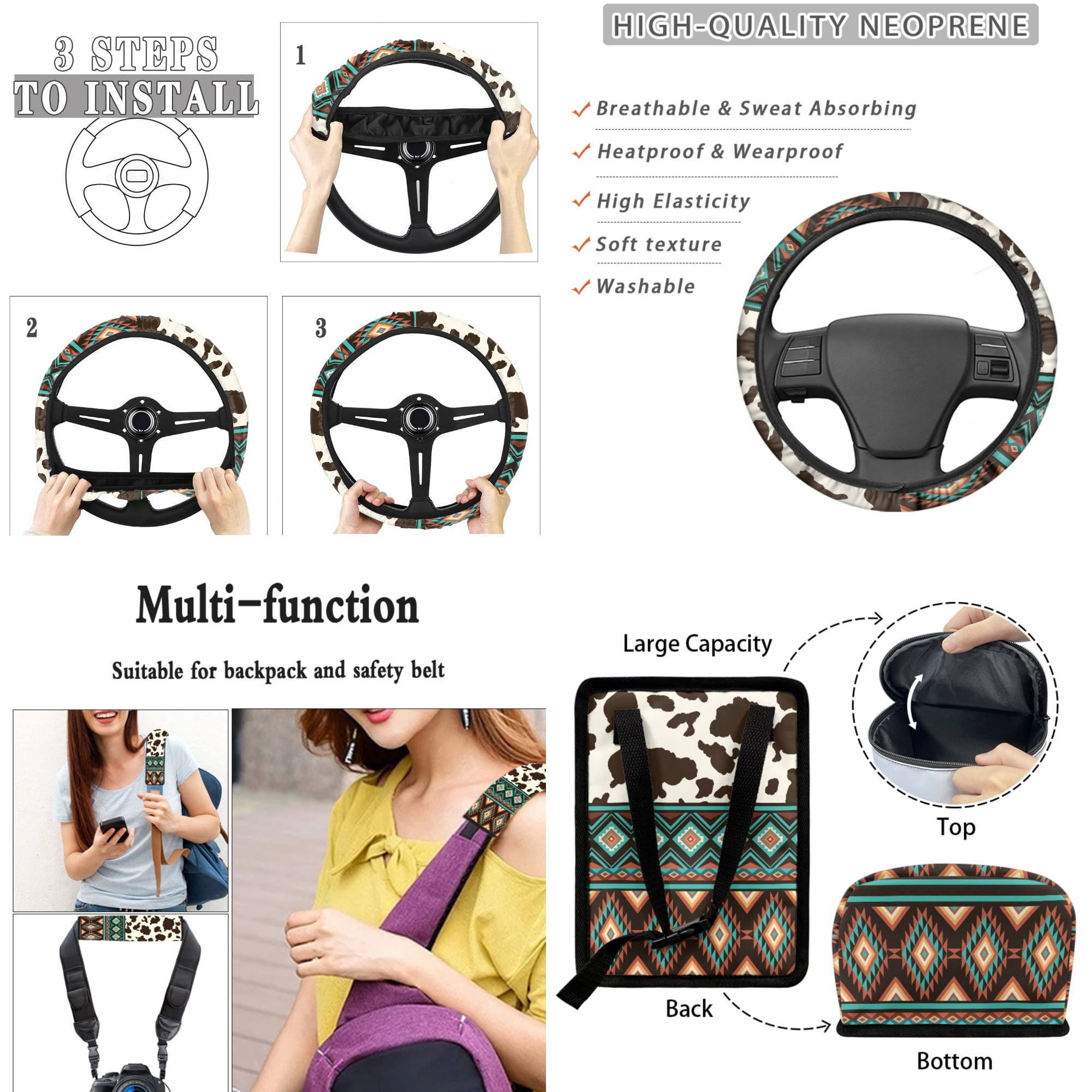 Yuyamidu Southwest Aztec Car Seat Cover Set 15 PCS Brown Cow Print Auto Steering Wheel Cover Seat Belt Strap Pads Cup Coasters Trash Bag Air Vent Storage Bag Rearview Mirror Cover Keychain