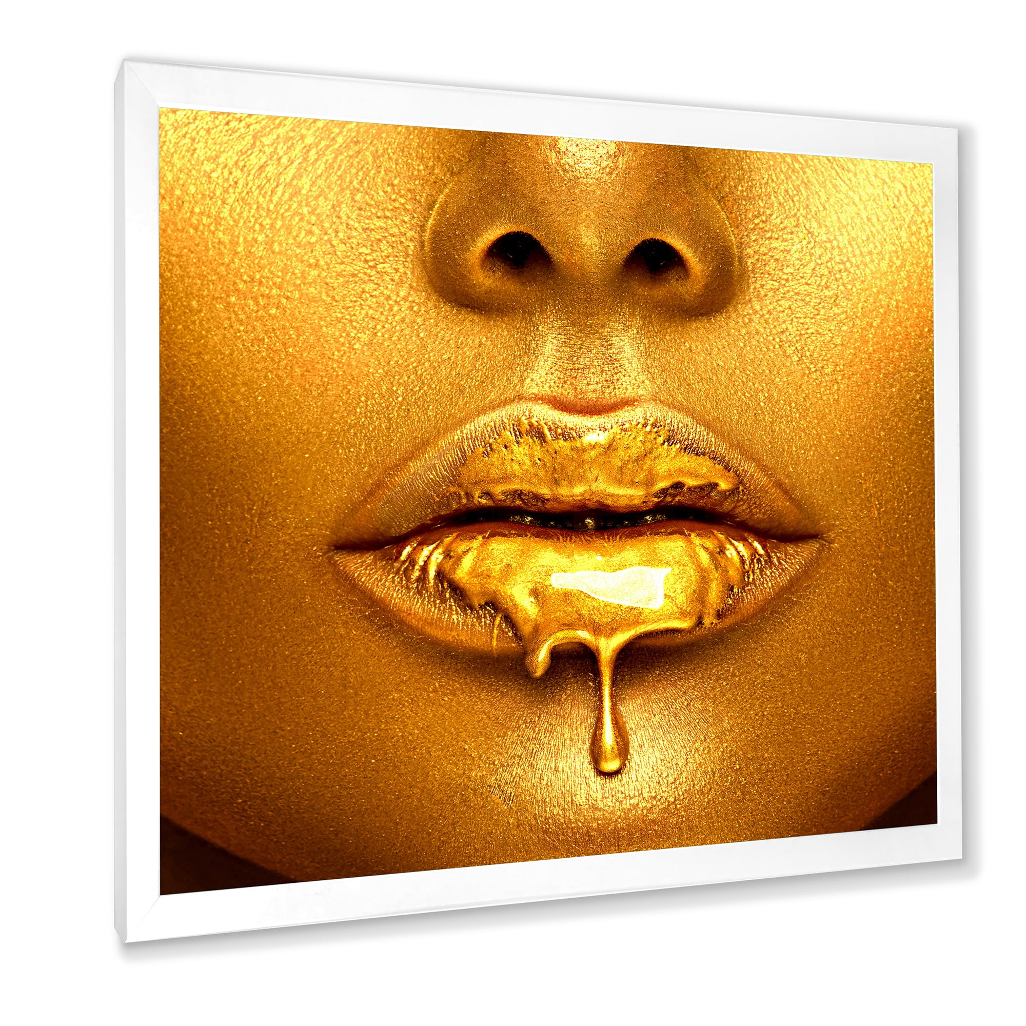 Designart 'Gold Paint Drips From Sexy Girl Lips' Modern Framed Art Print
