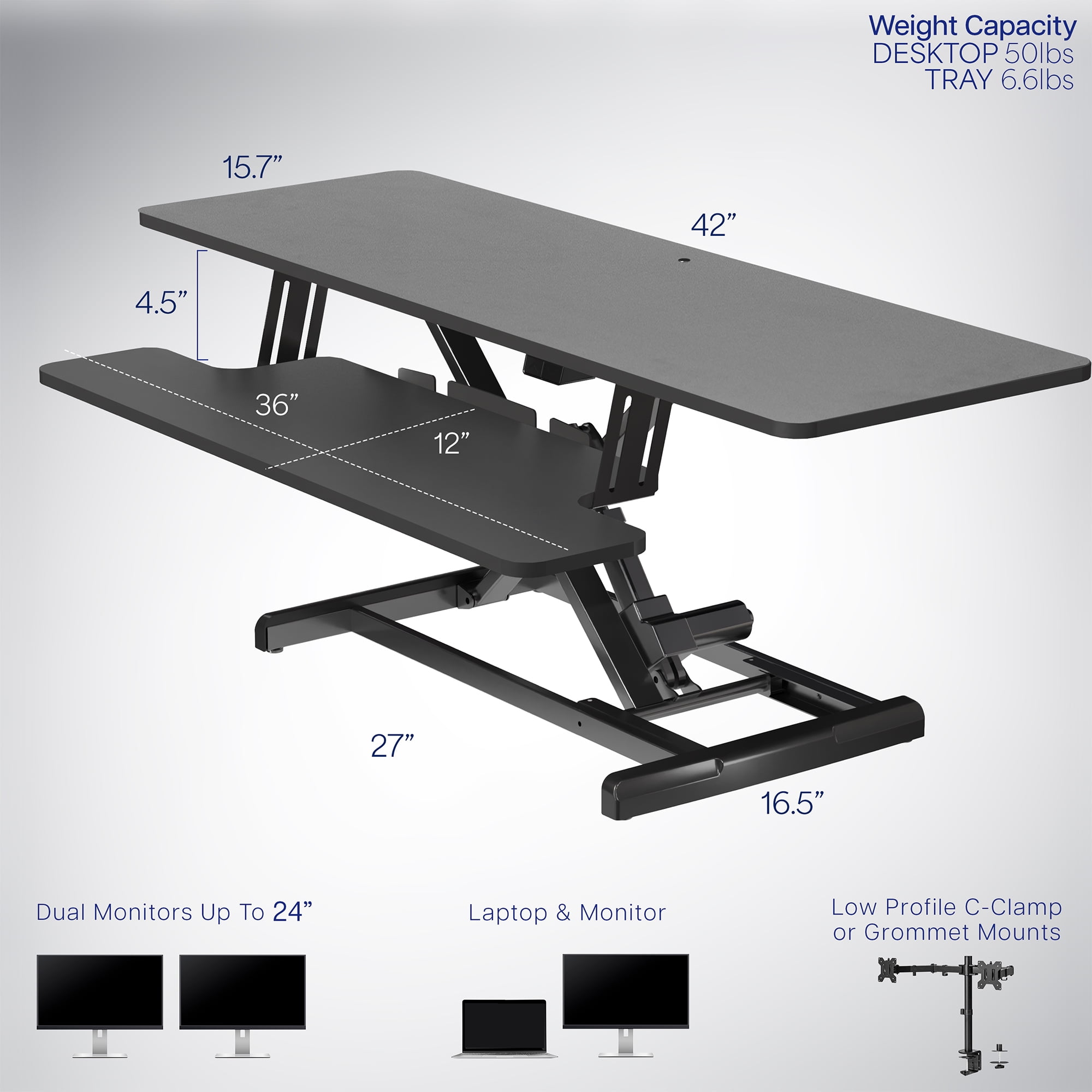 VIVO Black Electric 42" Standing Desk Monitor Riser, Dual Arm Sit Stand Tabletop