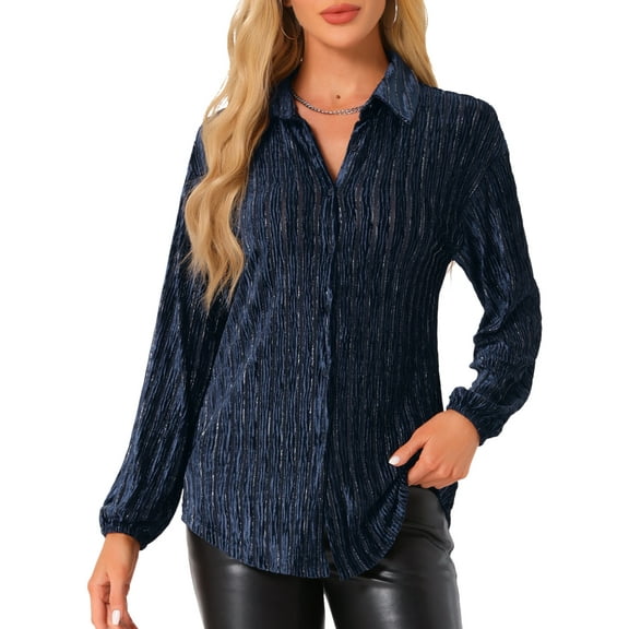 INSPIRE CHIC Velvet Button Down Shirt for Women's Long Sleeve Collared Pleated Casual Shirts Top