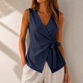 thumbnail image 4 of Wrap Tops for Women Elegant Side Tie Gauze Tank Top V Neck Sleeveless Soft Plus Size Lightweight Shirts with Pocket Casual Loose Fit Solid Blouses Summer Beach Vacation Outfits, Dark Blue XL, 4 of 8