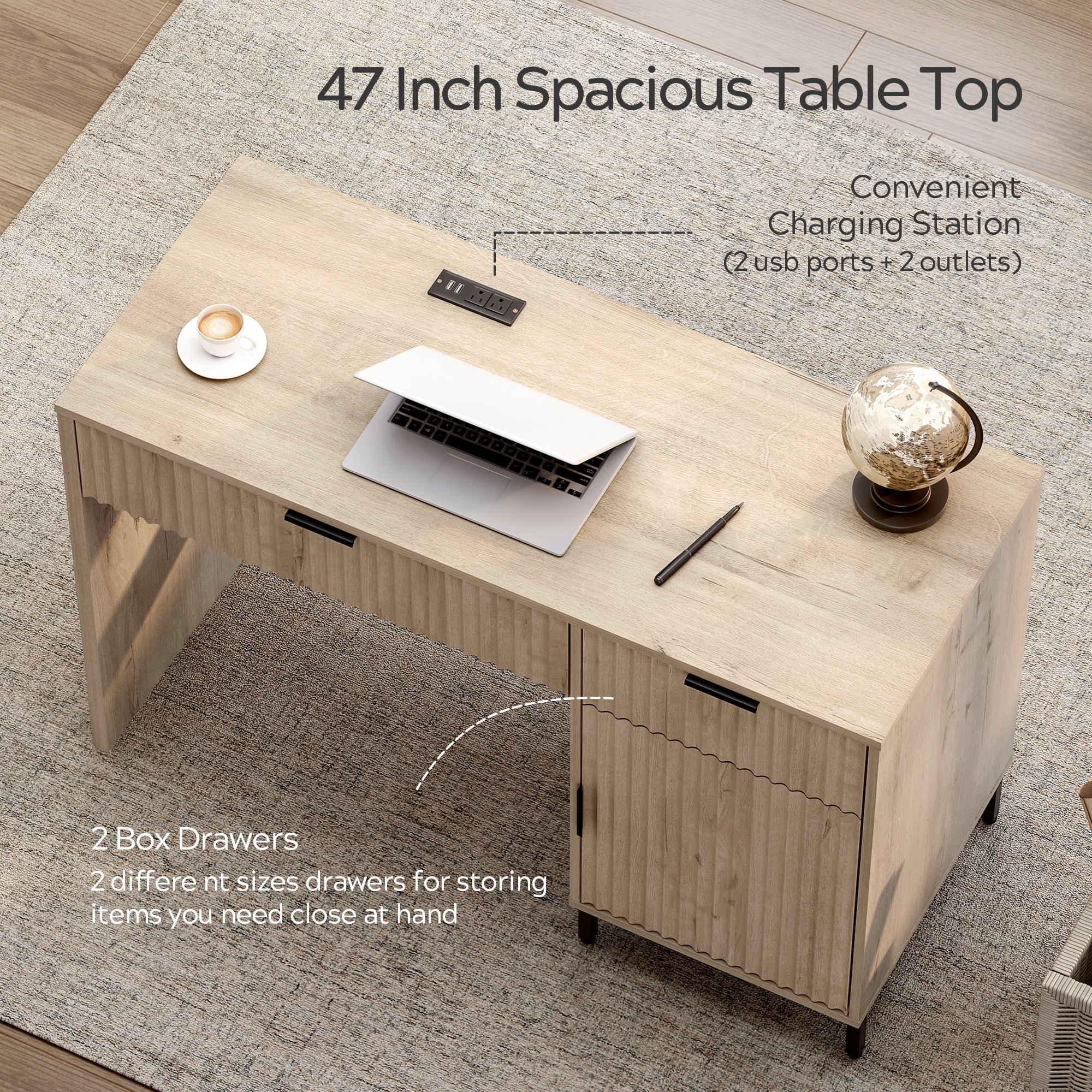 EYYTHUNG 47" Fluted Executive Desk, Modern Wood Home Office Desk with Charging Station, Drawer & Cabinet, Computer Writing Desk