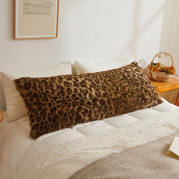 Funda de almohada corporal XeGe Fluffy con estampado de leopardo, 20 x 54 cm, color marrón