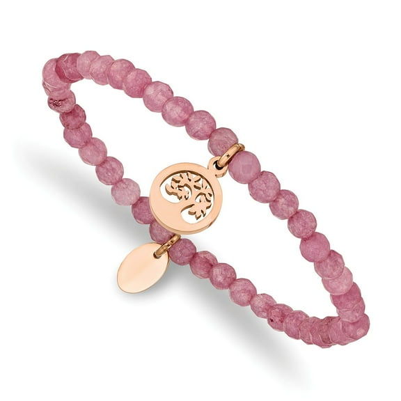 Primal Steel Stainless Steel Polished Rose IP-plated Tree Pink Jade Beaded Stretch Bracelet