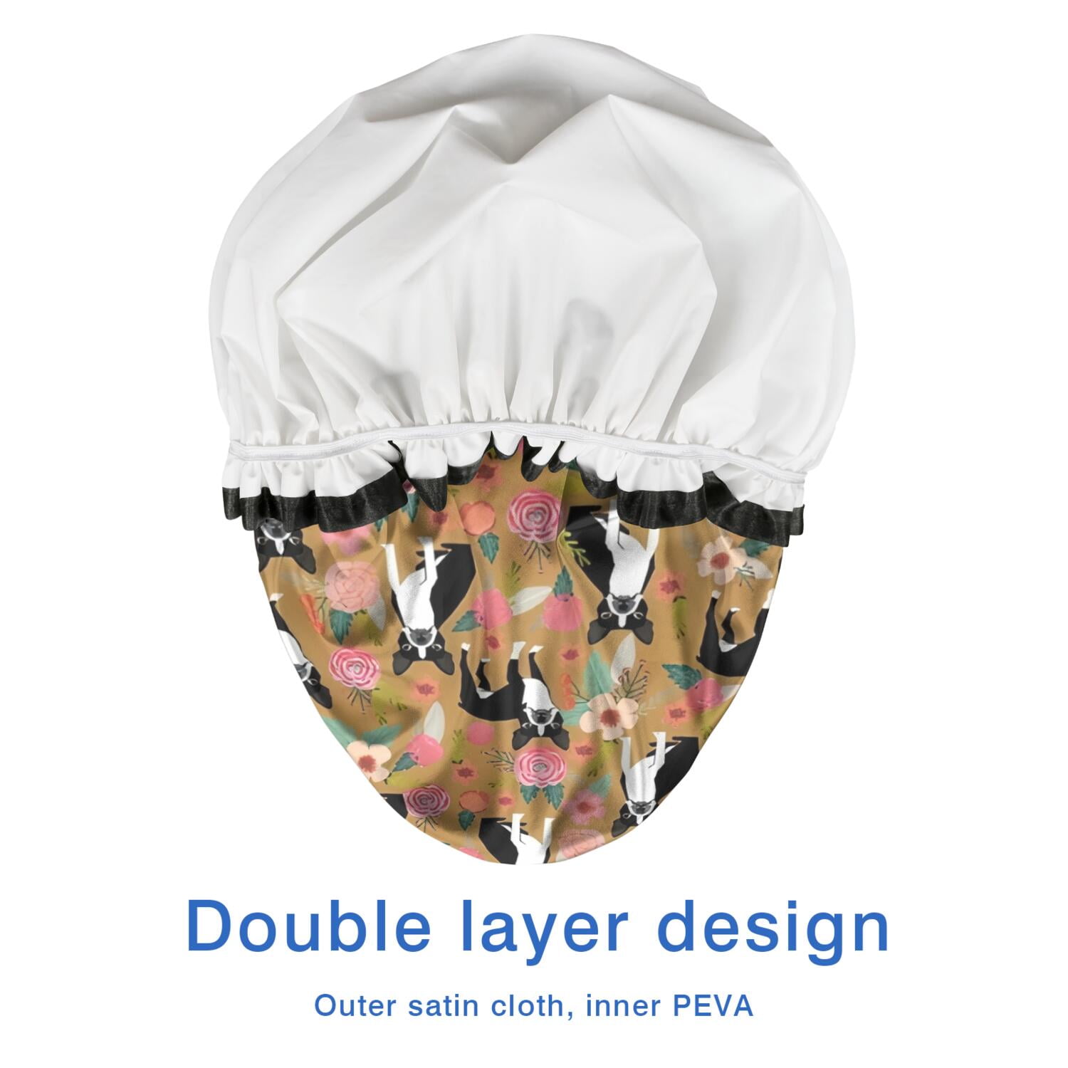 Shower Caps,Boston Terrier and Flower Waterproof Shower Cap for Women 4 Pieces,Double Reusable Hair Cover for Shower PEVA Elastic Stretch Hem