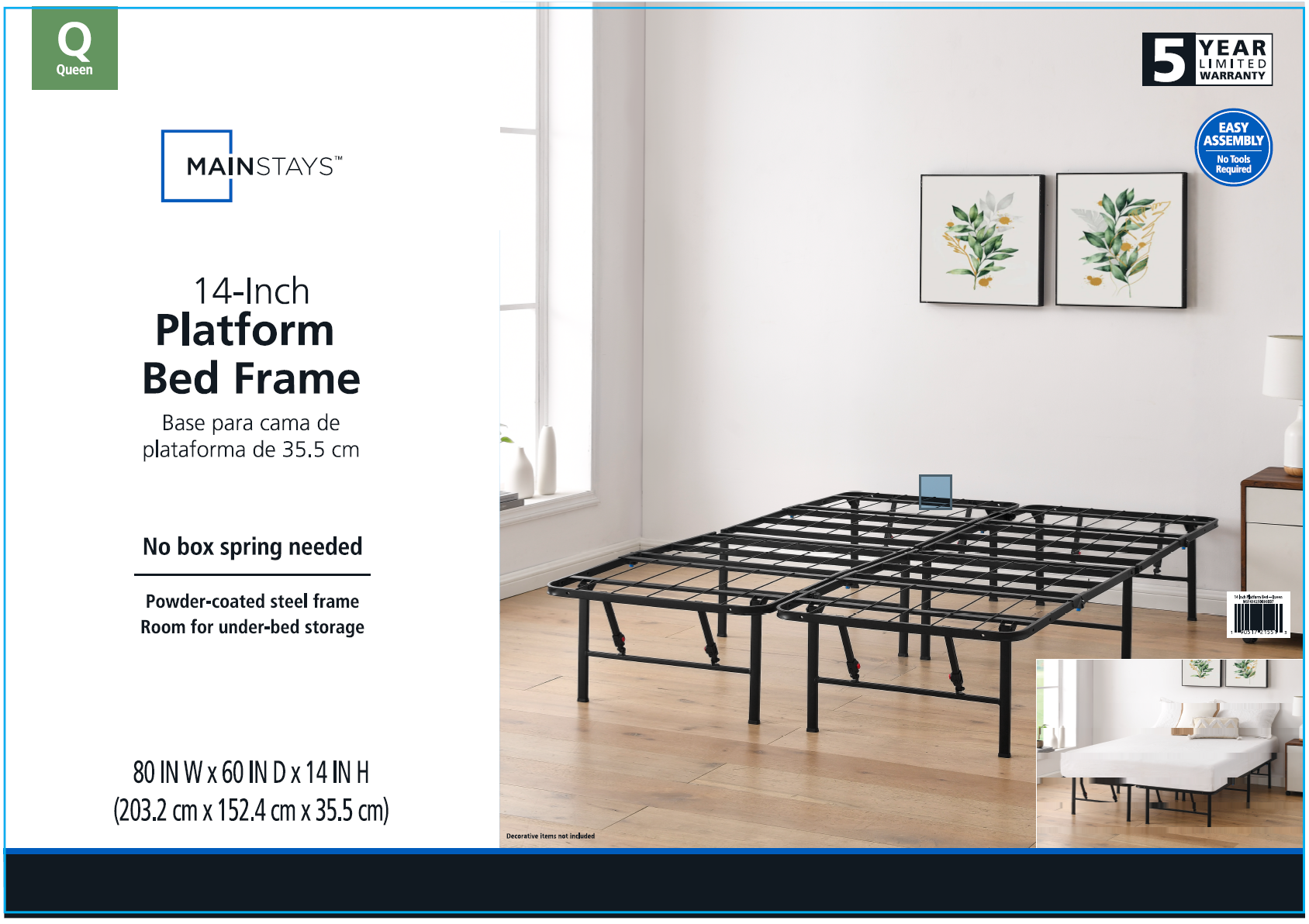 MAINSTAYS 14″ HIGH QUAD FOLD STEEL PLATFORM BED FRAME, QUEEN