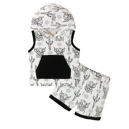 

Toddler Boys Sleeveless Cartoon Cow Prints Hooded T Shirt Vest Tops Shorts Outfits
