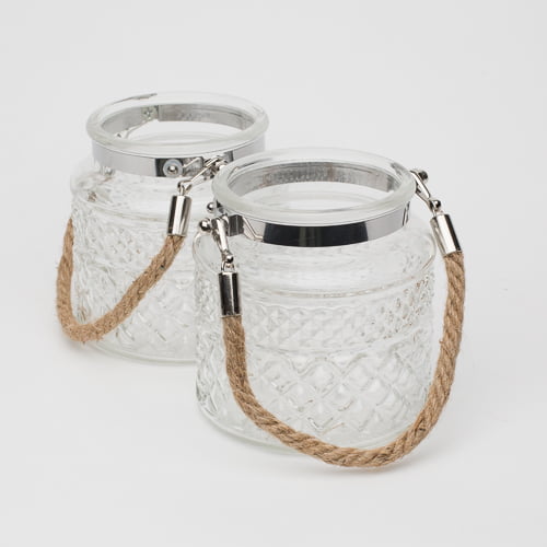 Richland Hanging Candle Holder Textured Glass with Twisted Rope Handle Set of 2 