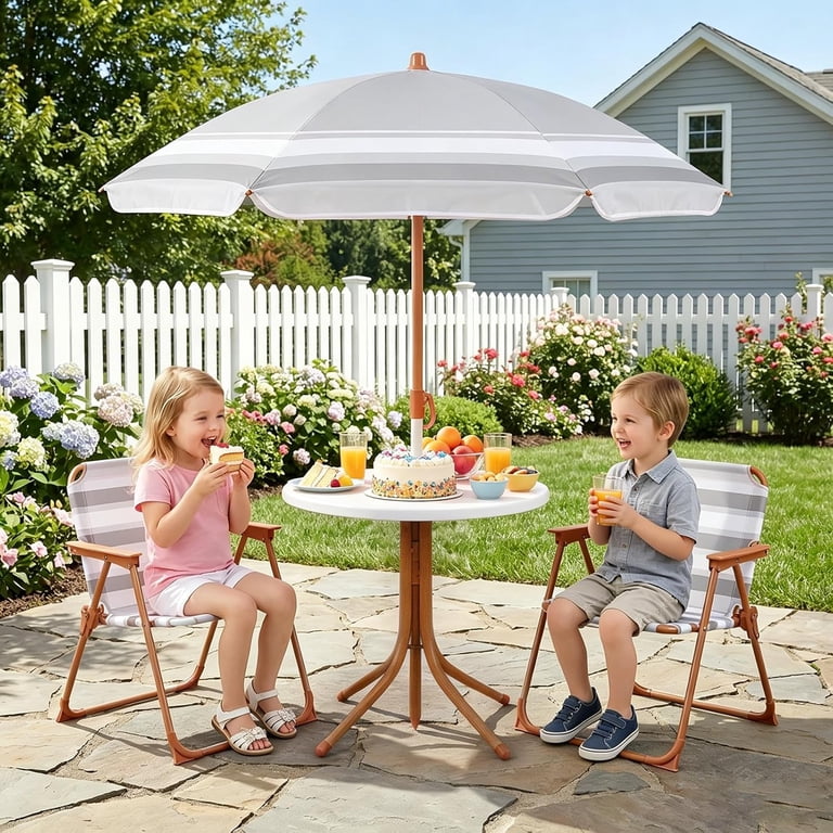 kids umbrella patio set Kids' 4 Chairs and ParasolSummer Fruits Coco Village The enchanting KidKraft garden furniture set with ottoman and parasol makes adults envious of the childrens relaxation area on the terrace Qaba Kids Picnic Table and
