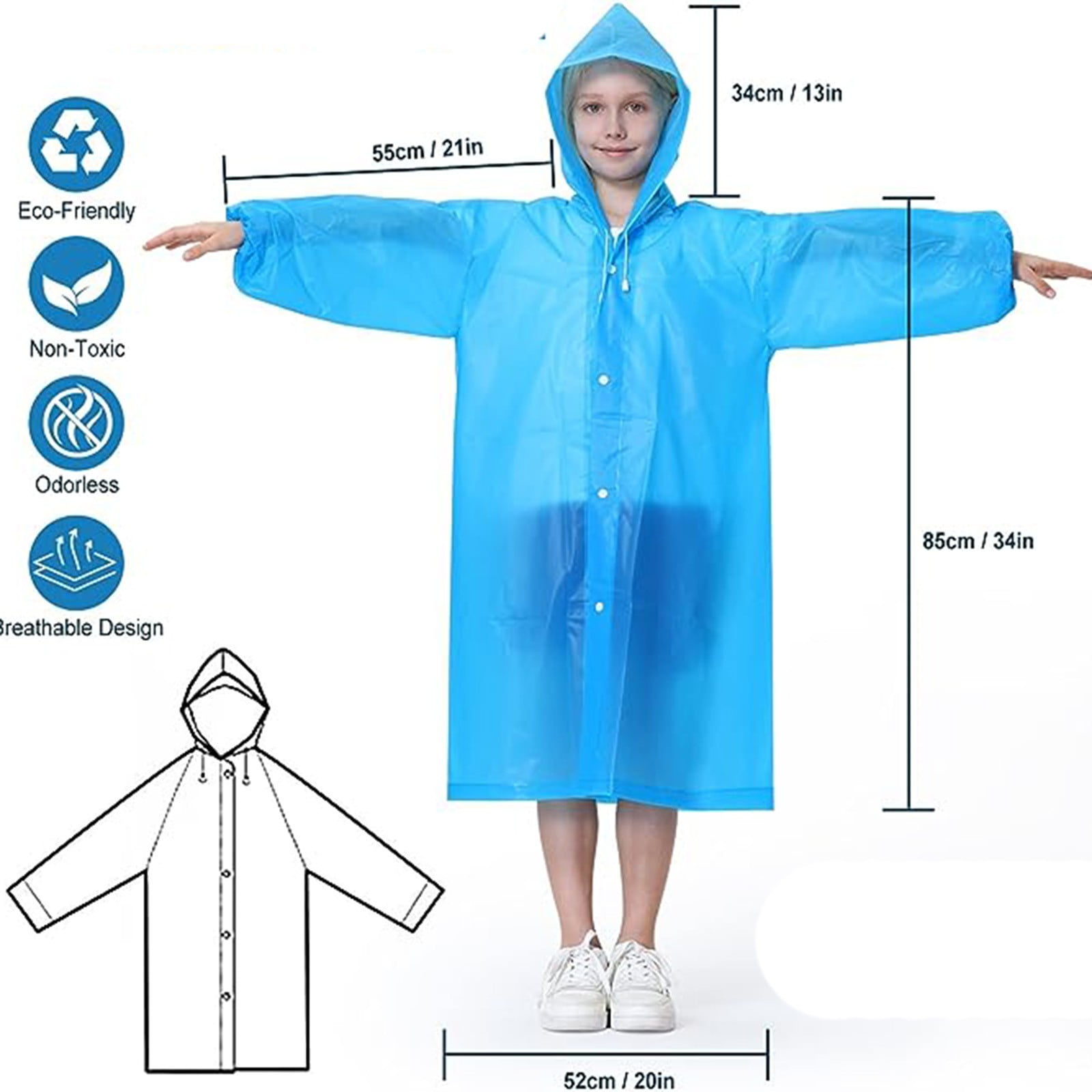 Poncho De Pluie Enfant Imperméable En EVA – Taille 8 Ans, Avec 2 Paires De Couvre-chaussures, Léger Et Respirant