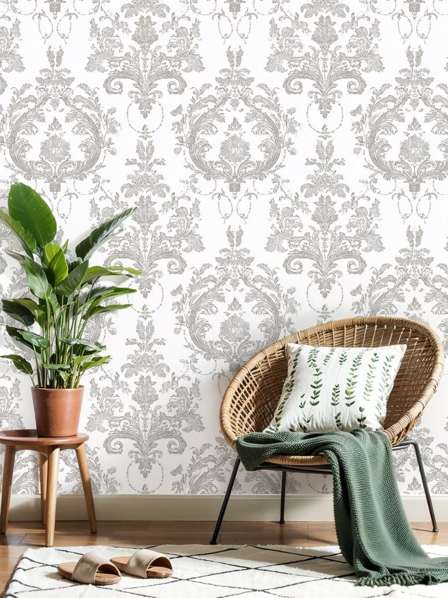 Vintage Peel and Stick Wallpaper 23.6in x 9.8ft Elegant Grey Floral Damask Ornate Baroque Style Motifs Contact Paper Vinyl Waterproof Self Adhesive Wall Paper for Bedroom Shelf Cabinet