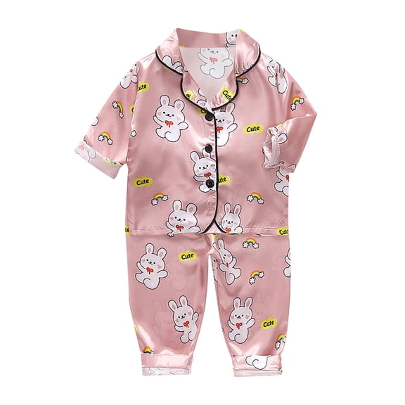 JAJAHO Baby Boys Girls 2 Piece Outfits Silk Satin Home Clothes Set Long Sleeve Button Down Shirt And Long Pants Cartoon Animals Matching Set 0-4T Trendy Outfit
