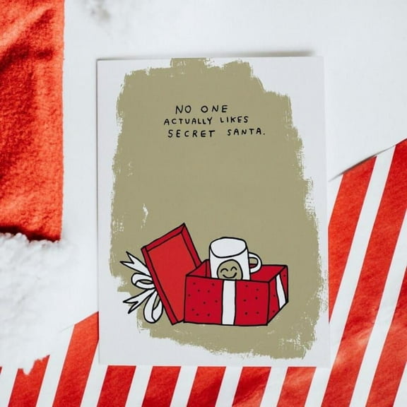 Funny Secret Santa Card – “No One Actually Likes Secret Santa” Design – Blank Inside, Envelope Included – Perfect for Holiday Gift Exchanges and Seasonal Celebrations