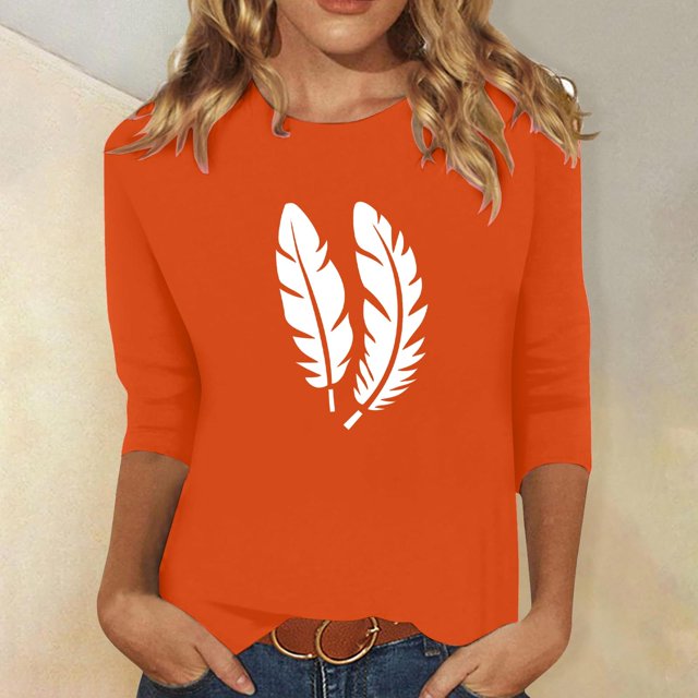 Heisall Women's Spring Autumn Tops 3/4 Sleeve Round Neck Casual Fashion Blouses Orange Festival Print Shirts