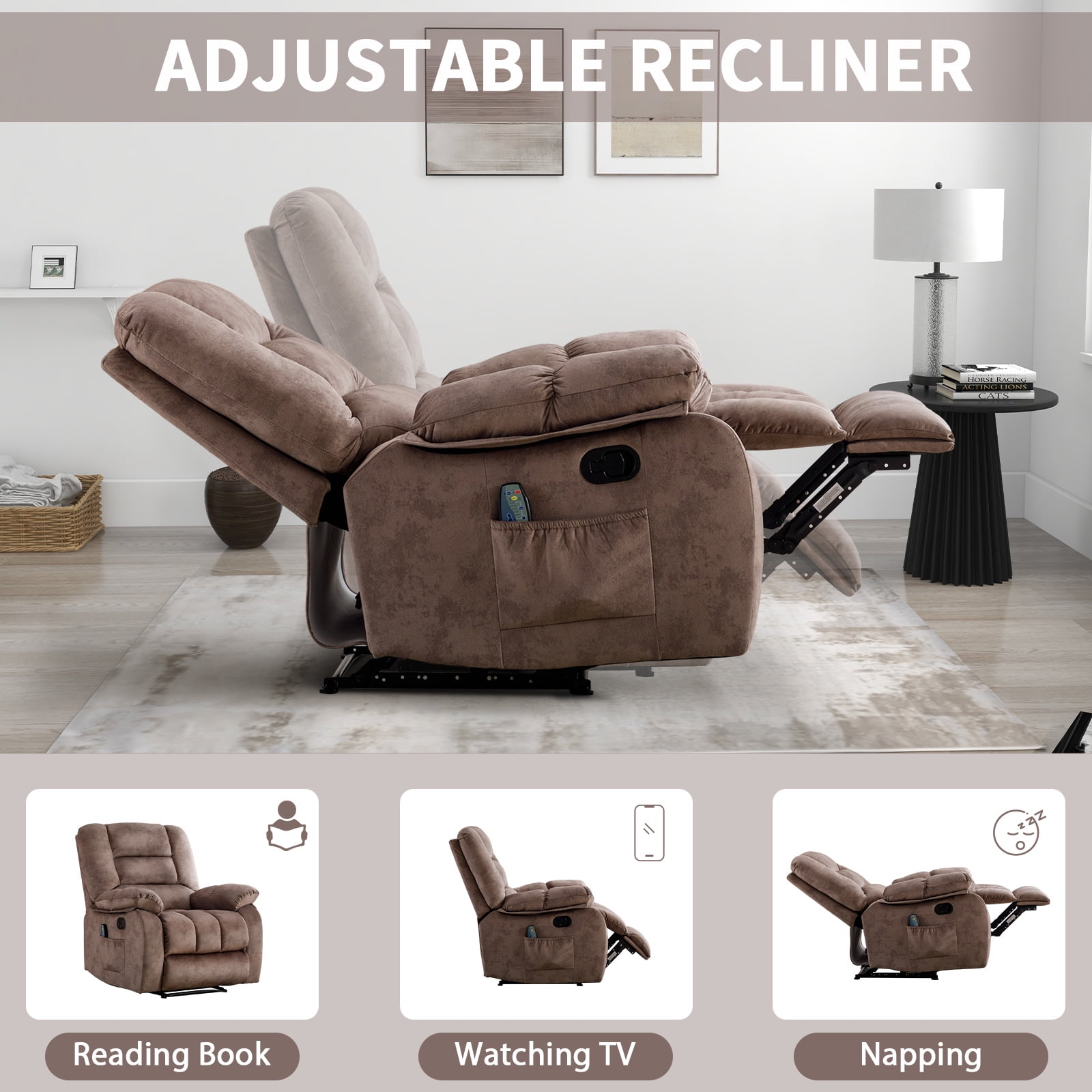 Ebello 36'' Massage Recliner Chair with Heat and Vibration – Soft Fabric Manual Reclining Chair for Living Room and Bedroom – Camel