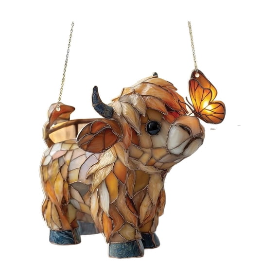 Stained Glass Animal Figurine Hanging Pendant Light Decorative Highland Cow with Butterfly Accent for Home Decor