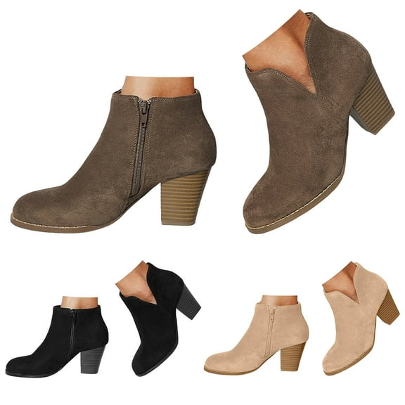 Dakaela Women's Ankle Boots V Cut Side Zipper Short Booties Shoes Stacked Chunky Heel Ladies Office Work Dress Pumps Boot Beige 9