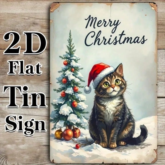 HELLOYOUNG Vintage Metal Wall Art 8x12 Inch Christmas Cat Sign with Santa Hat Home Decor