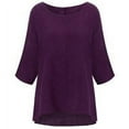 thumbnail image 2 of T-Shirt Femme Couleur Unie Décontracté Haut Court Fille Col Rond Manches Blouse en Lin, Violet, P, 2 of 7