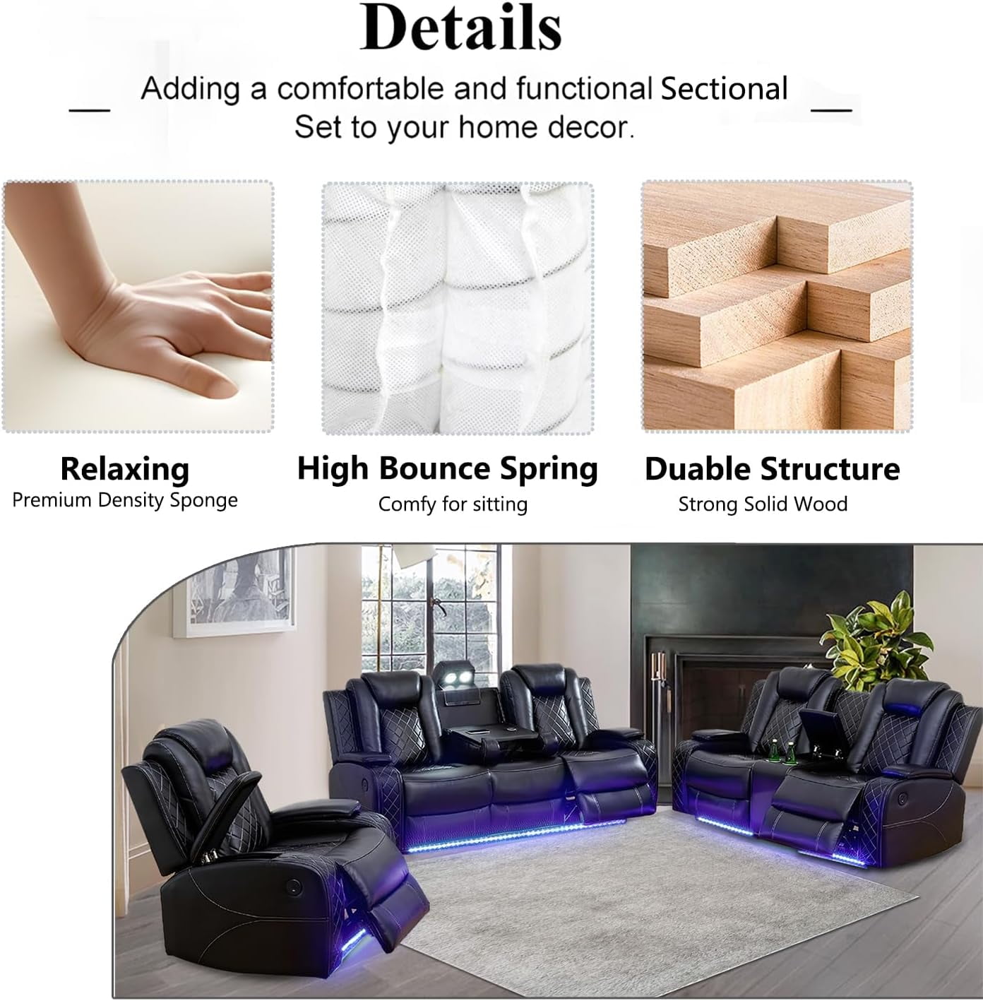 PonLiving Power Leather Recliner Sofa with LED Lights,with USB Port/Storage Console/Cup Holders. Black