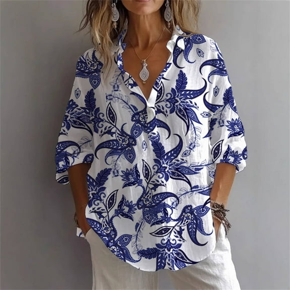 Blue Young Adult Tops Women's Art Floral Print Casual Shirt Loose Long Sleeve V Neck Shirt T Shirt Going Out Tops for Women