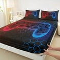 thumbnail image 3 of Homewish Red Blue Gamepad Full Size Sheets for Boy, Fashion Honeycomb Abstract Bed Sheets, Modern Video Game Sheet Sets, Luxury Bedroom Decor, 4-Piece, 3 of 7