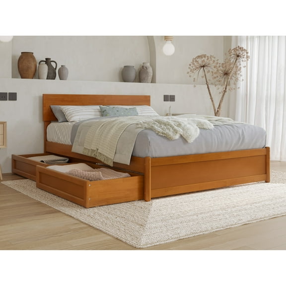 Wesley Full Wood Platform Bed with Panel Footboard & Drawers in Light Toffee