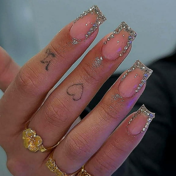 24 Pcs Acrylic False Nails With Rhinestones Ornament French Tips Manicure Nails Accesories For Girls