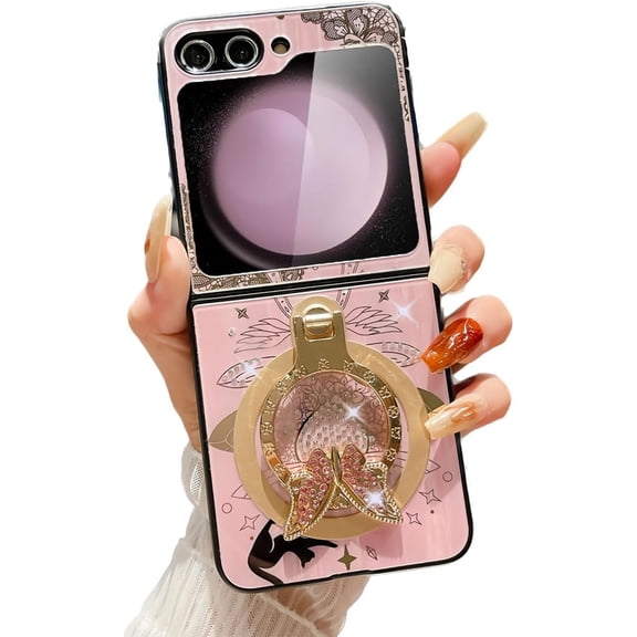 AuroiCYY for Samsung Galaxy Z Flip 6 Magnetic Kickstand Case, Cute Glitter Bling Lace Cat Rhinestones Butterfly Ring Stand, (Compatible with Magsafe), Girly Woman Phone Case for Z Flip 6 5G (Pink)
