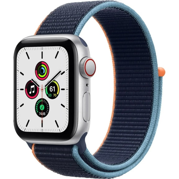 Pre-Owned Restored Apple Watch SE GPS + Cellular, 40mm Silver Aluminum Case with Deep Navy Sport Loop
