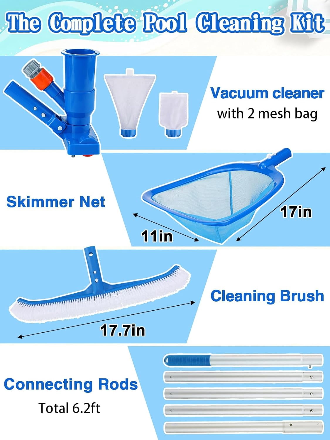 3-in-1 Portable Pool Cleaning Kit for Above Ground Pools - Includes Vacuum Cleaner with Mesh Bags, Brush, Skimmer Nets, 6.2ft Adjustable Pole for Spas, Inflatable or Frame Swimming Pools Maintenance