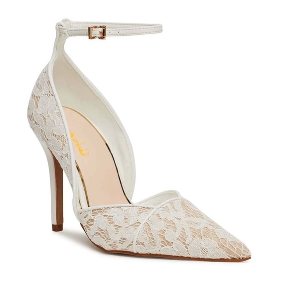 XYD Women Elegant Pointed Toe Pumps Floral Lace Bridal Ankle Strap Thin High Heels Evening Dress Shoes Size 7 White