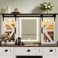 thumbnail image 3 of Bellemave 43.3" Farmhouse Makeup Vanity with Lighted Mirror, Sliding Barn Door, Rustic Vanity Desk with Storage Drawers, Charging Station, Cushioned Stool for Bedroom, Beige, 3 of 9