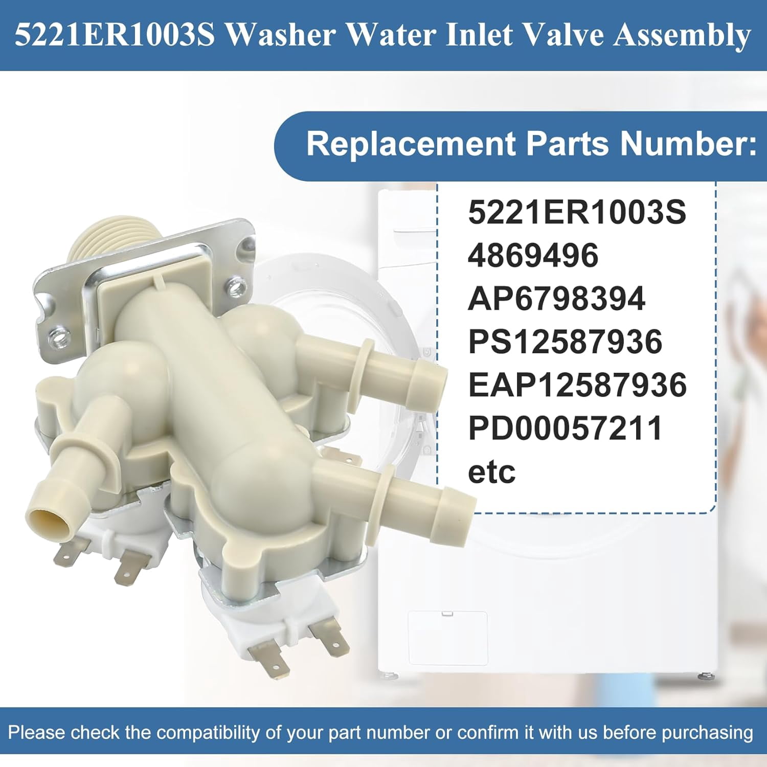 RVKXHD 5221ER1003S Washer Water Inlet Valve Compatible with lg, kenmore: WKE100HVA, WM4000HBA, WM3400CW, WM4000HWA, WM3470CW etc, Replace 4869496, AP6798394, PS12587936, EAP12587936, PD00057211 etc
